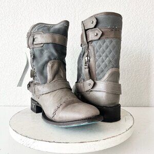 NEW Lane Boots Womens Gray Leather Canvas Mid-Calf Western Moto Style Zip Size 9